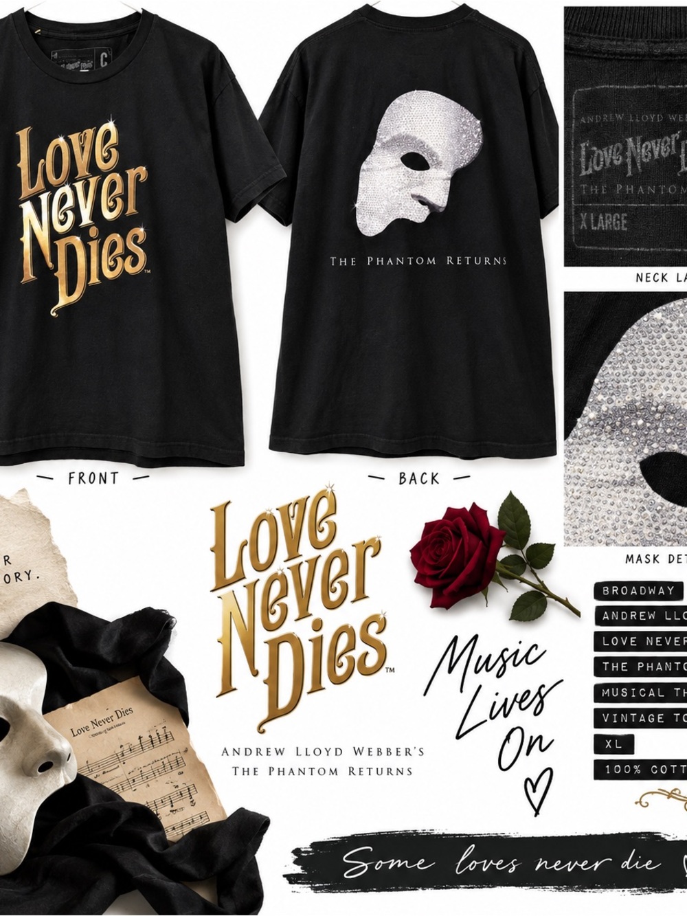 Love Never Dies Phantom Returns XL 2017 Tour T Shirt Andrew Lloyd Webber - Picture 2 of 5